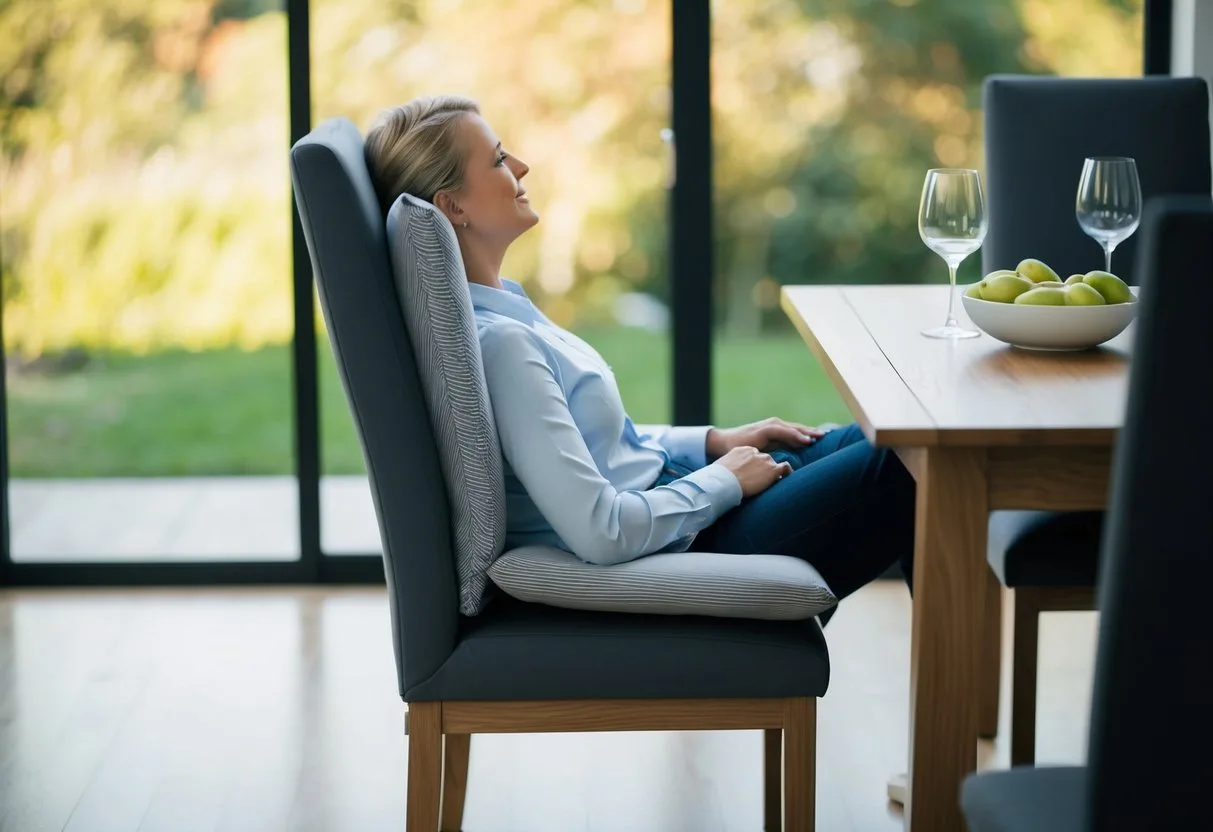 En person der sidder komfortabelt på en spisestol med en kilepude og tester dens egnethed til brug med en skrå pude